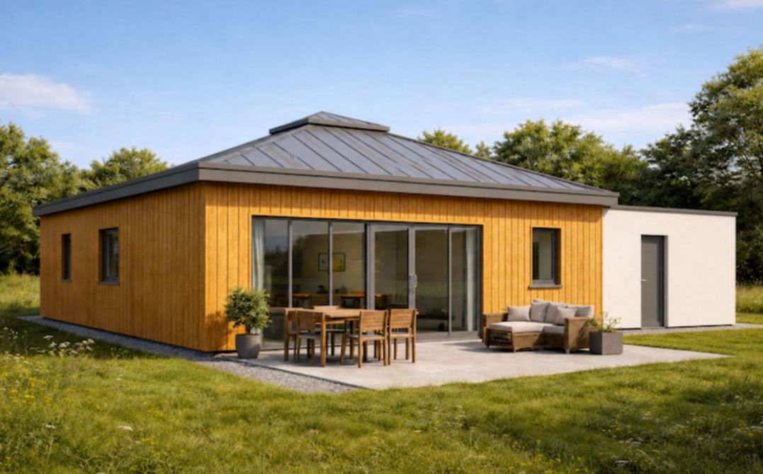 Visual of a single-storey timber-clad bungalow with a standing-seam roof and large sliding doors
