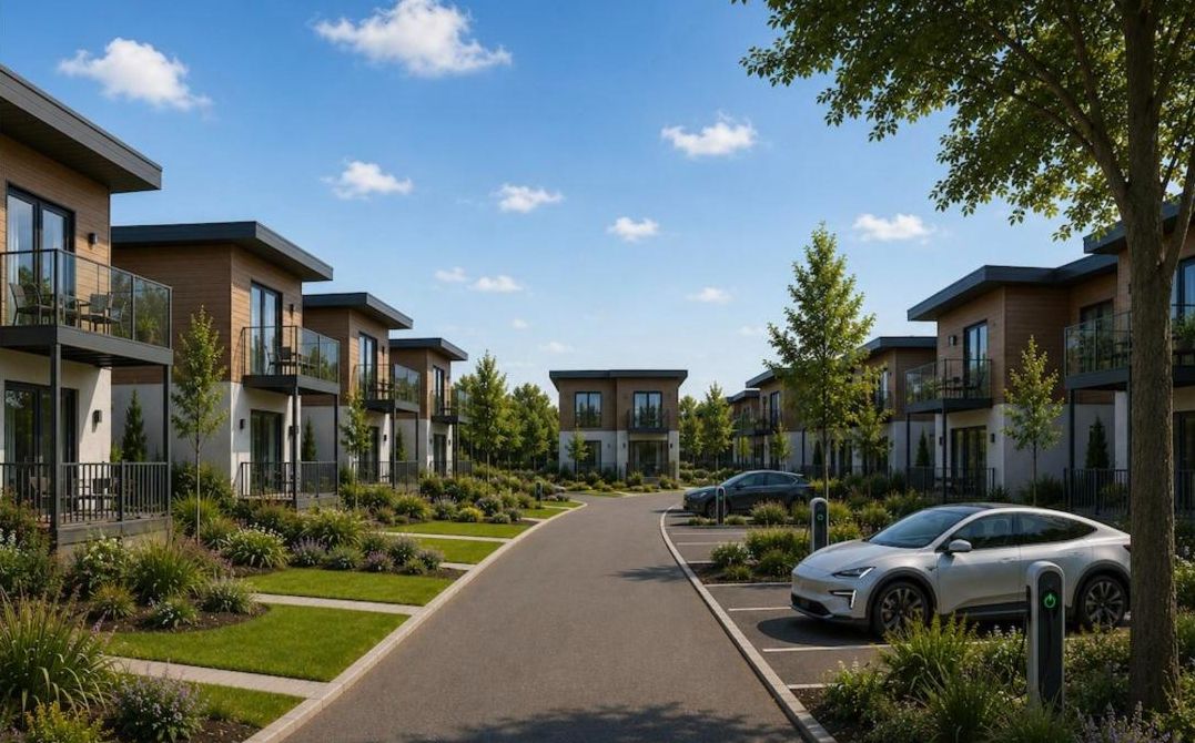Visual of two-storey timber-clad holiday homes with balconies along a landscaped street
