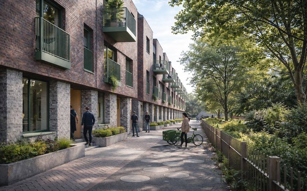 Visual of a terrace of new homes along a tree-lined street