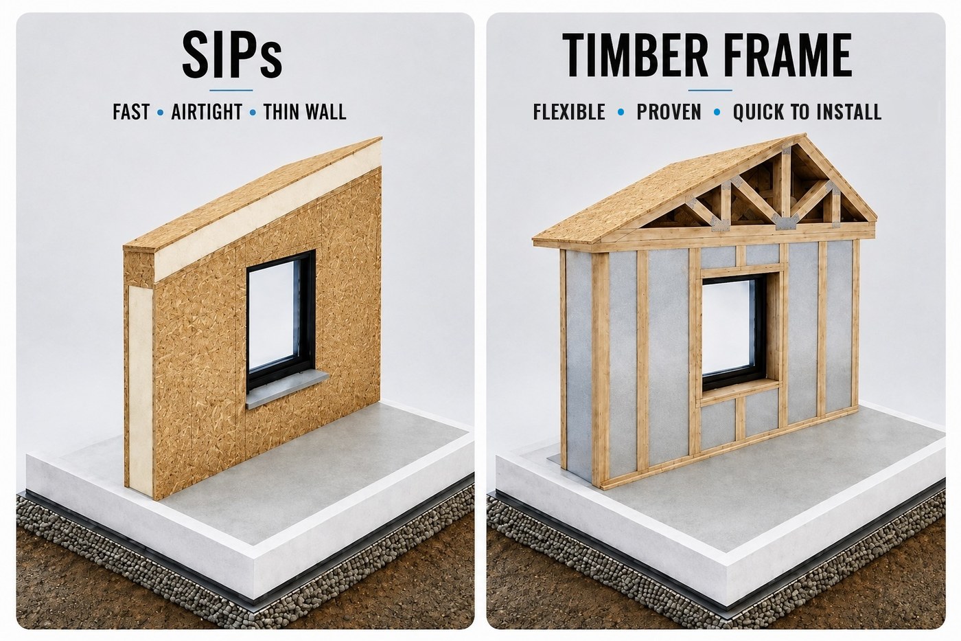 SIPs (fast, airtight, thin wall) compared with timber frame (flexible, proven, quick to install)