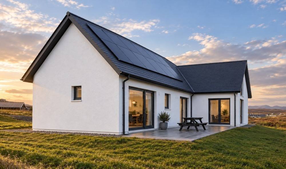 White low energy bungalow with integrated roof solar