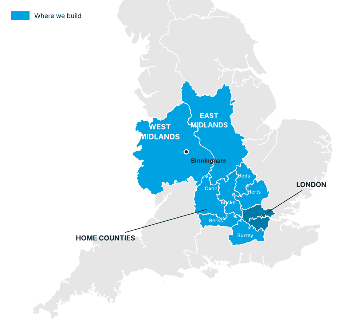Map of England highlighting the West Midlands, Derbyshire, Nottinghamshire, Leicestershire, Rutland, Northamptonshire, London, and the Home Counties of Oxfordshire, Buckinghamshire, Berkshire, Surrey, Hertfordshire and Bedfordshire