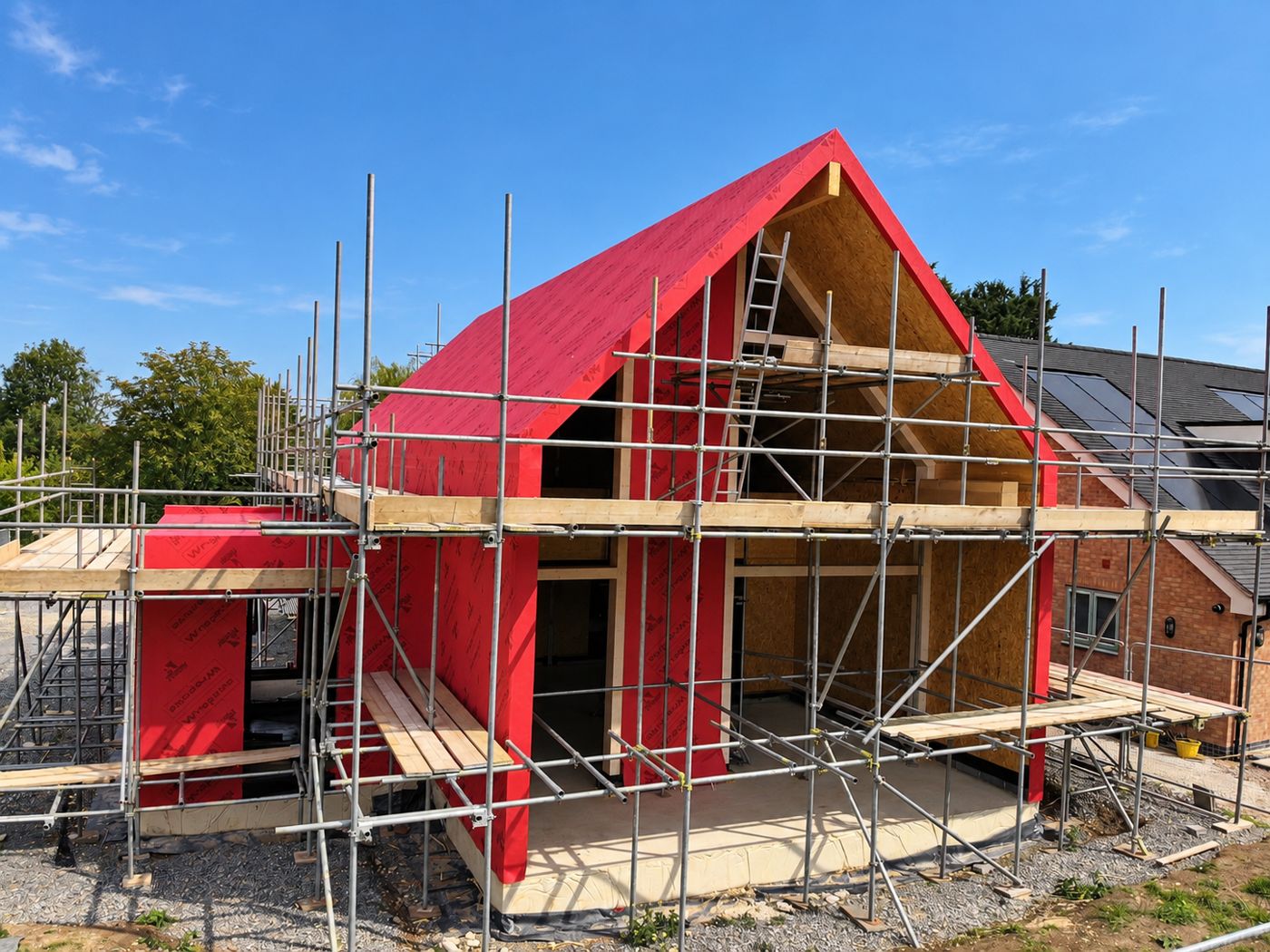 SIPs home under construction, wrapped in breather membrane and scaffolded