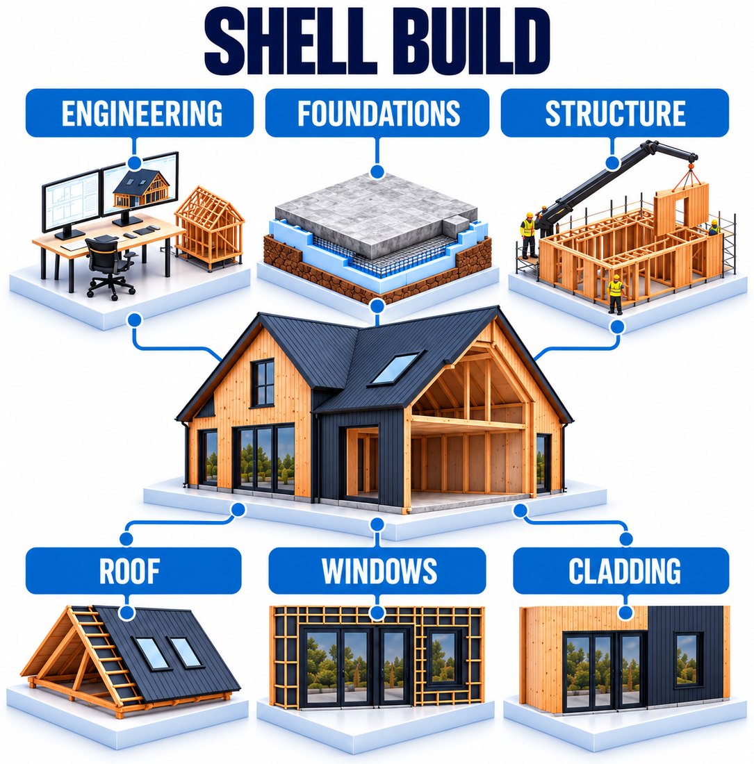 Shell Build: engineering, foundations, structure, roof, windows and cladding brought together