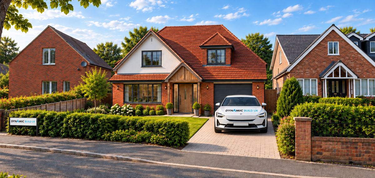 Visual of a detached brick family home with a red tiled roof, rendered gable, oak porch and integral garage