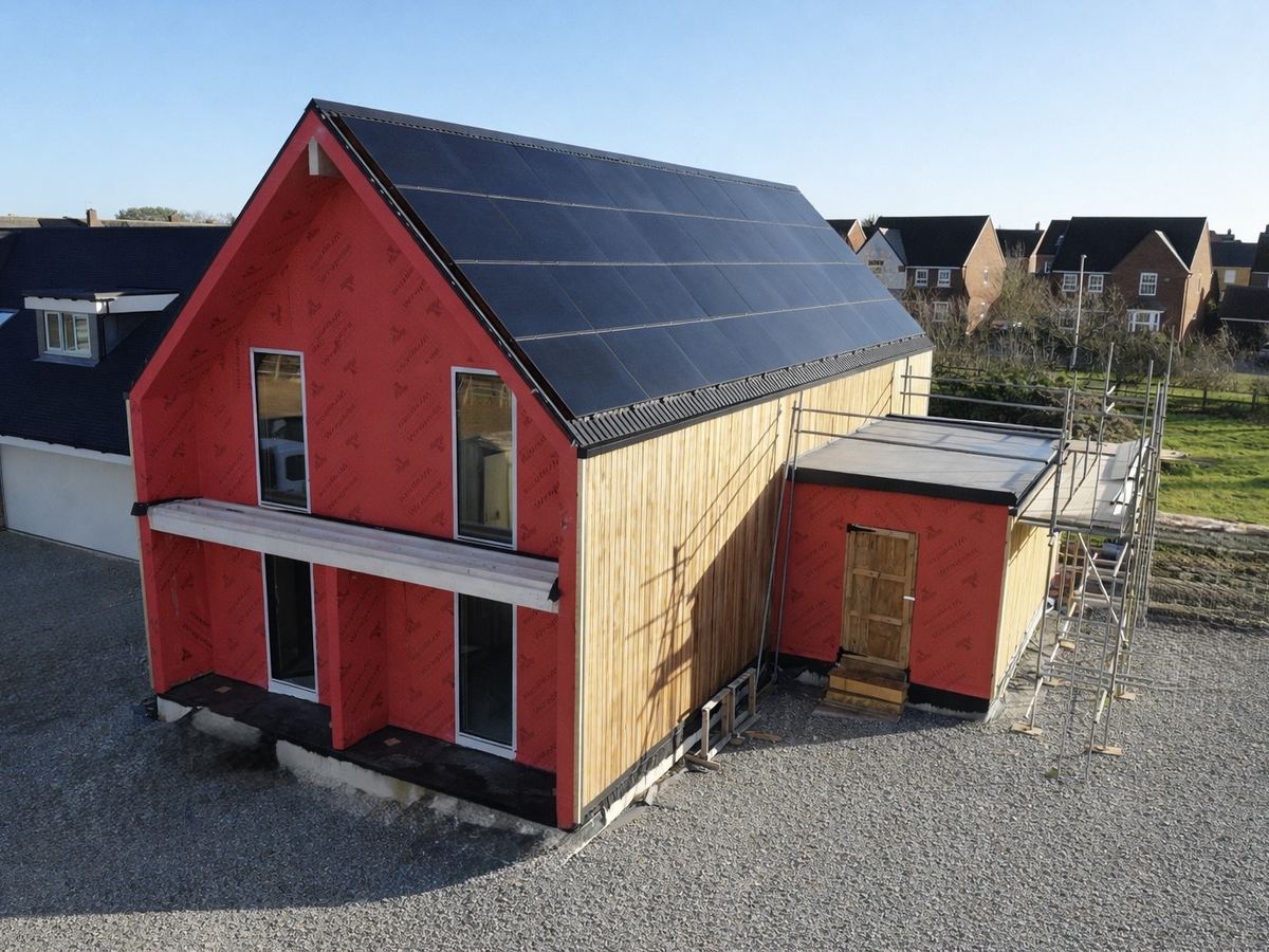 Wunderhaus self-build home with a red membrane and full solar roof